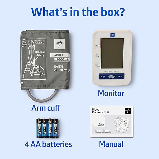 Medline digital Blood Pressure Monitor, Adult Upper Arm Cuff, Digital LCD Display, Stores Up To 90 Readings, Batteries includedes