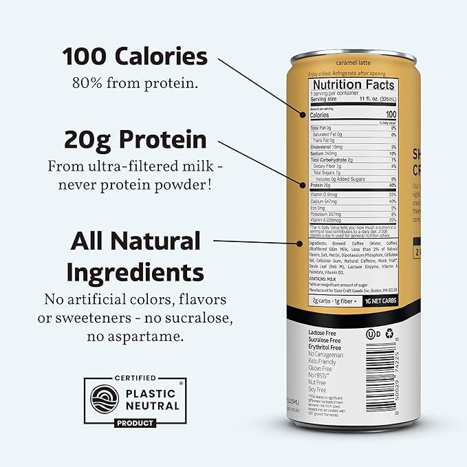 Slate Milk - High Protein Iced Coffee - Caramel Latte - 175mg Caffeine, Lactose Free Energy - 20g Protein, 1g Sugar, 100 Calories, 1g Net Carbs, No Sugar Added - Protein Coffee - 11 fl oz, 24 Cans