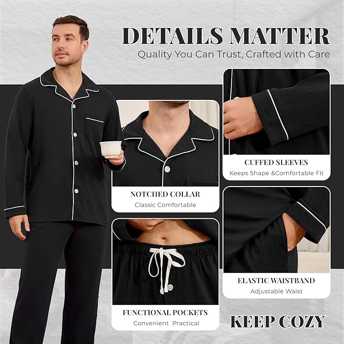 U2SKIIN Mens Cotton Pajama Set, Soft Long Sleeve Pajamas for men Lightweight Button Up Sleepwear Lounge Pjs Set with Pockets