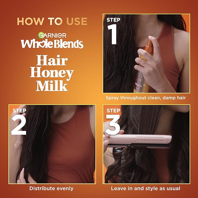 Garnier Whole Blends Honey Treasures Repairing Shampoo (22 Fl Oz), Conditioner (22 Fl Oz) + Hair Honey Milk 450F Heat Protectant Spray (2 Count) (8.5 Fl Oz) (4 Items), Bundle (Packaging May Vary)