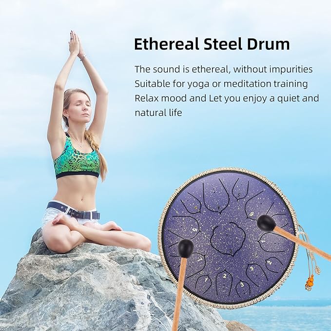 14 Inch 15 Notes D Major Steel Tongue Drum,Premium Adult's Music Hand Drum Instrument,Clean Clear Ethereal Sounds,Purple