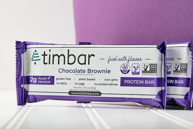timbar Vegan Protein Bars 12 Pack | 12g Protein & 9g Fiber Plant Based- Energy & Nut Bars | Gluten Free, Non-GMO, Dairy Free, Healthy On-the-Go Snack & Meal Replacement (12 Packs, Chocolate Brownie)