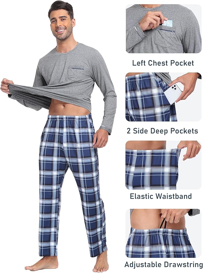MoFiz Men's Pajamas Plaid Sets Sleepwear Sleep Long Sleeve Shirts and Pants Pajama Set Soft Mens Pjs Lounge Set with Pockets