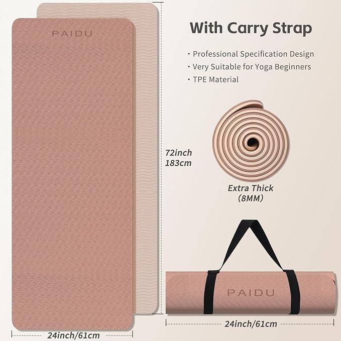 Yoga Mat 8mm Super Thick TPE Fitness Mat | SGS Certified | Non-Slip, Odorless & Tear-Resistant | Unisex with Strap | for Yoga, Pilates, Meditation & Home Workouts