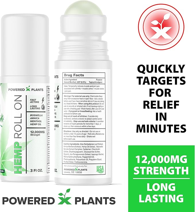 Hemp Oil Roll On - Menthol Rub with Boswellia & Arnica - 12,000mg Extra Strength Oil for Muscle Discomfort by Powered X Plants - Pack of 2, 3 fl.oz.