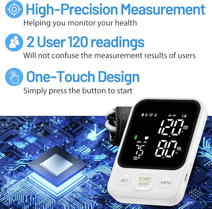 Blood Pressure Monitor Upper Arm Machine Accurate Adjustable Manual BP Cuff Kit Led Backlit Display 2 Users 240 Sets Memory Includes Storage Bag White