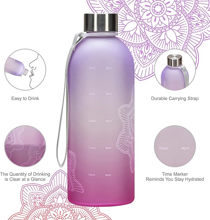 bzyoo 32 OZ 1 Liter Time Marker Water Bottle BPA Free Frosted Durable Plastic With Strap - Reusable Water Bottle With Times To Drink For Fitness Gym Gifts For Him & Her (Color: Ombre Pink)