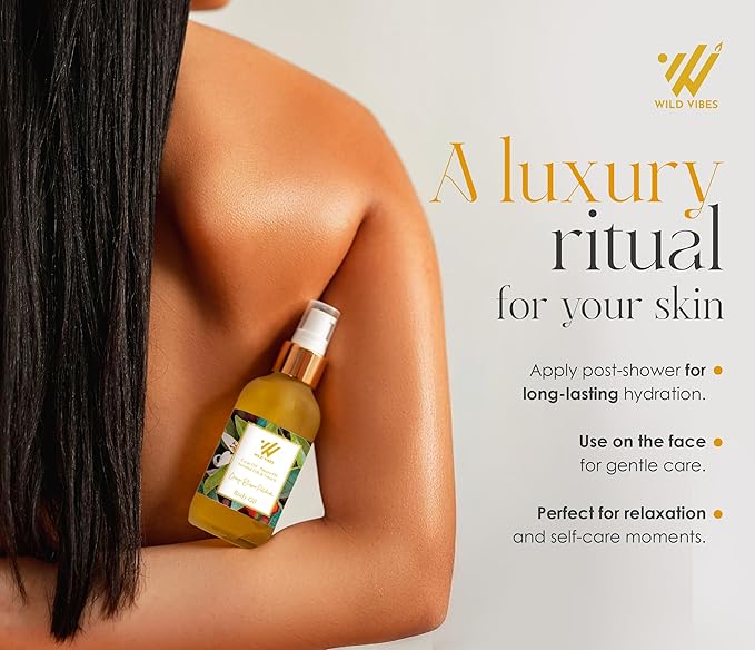 Wild Vibes Orange Blossom Patchouli Organic Luxury Body Oil with Tropical Oils & Lupin Extract – Fast Absorbing Oil for Skin with Floral Scent – After Shower Care for Women 4 oz