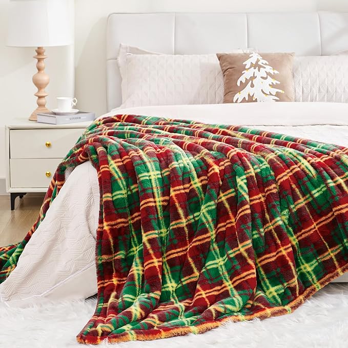 MAXEVE Faux Rabbit Fur Electric Heated Blanket King Size for Bed, Sherpa Buffalo Plaid Christmas Heating Blanket with 8 Heating Levels & 8 Hours Auto Off, Over-Heat Protection,ETL Certified,Red