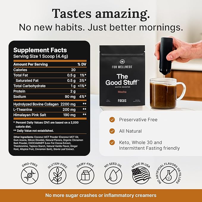 For Wellness The Good Stuff Focus – Mocha Coffee Booster | Nootropic Collagen Creamer with MCTs for Focus, Energy & Wellness | Non-Dairy, Keto-Friendly, 30 Servings