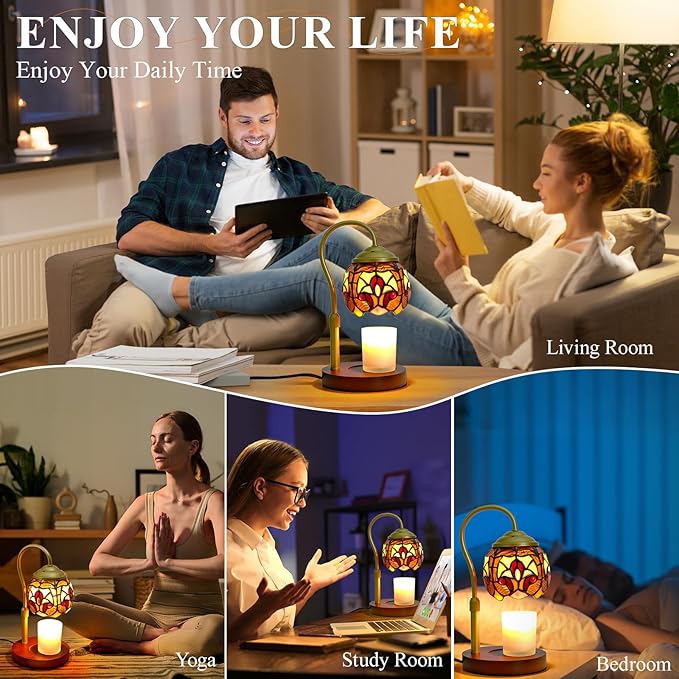 Tiffany Style Candle Warmer Lamp with Timer, Dimmable Stained Glass Candle Lamp Warmer, Birthday Gifts for Mom Women Friend Sister Baroque Wax Melt Warmer with 2 Bulbs for Home Deco