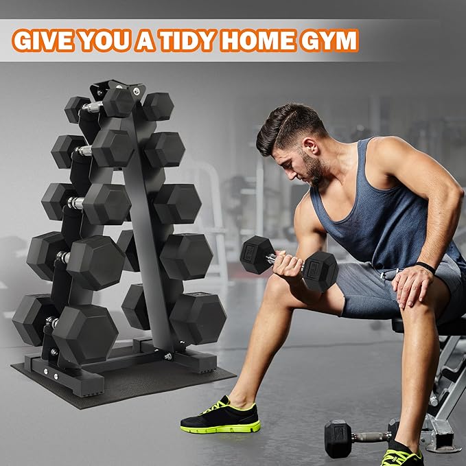 Rubber Coated Hex Dumbbell Weight Sets and Storage Rack, 100LBS Set or 150LBS Set, 5-20 lbs Pairs or 5-25 lbs Pairs