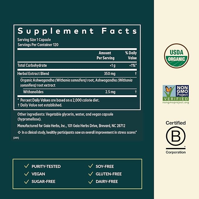 Gaia Herbs Ashwagandha Root - Stress Relief & Sleep Support Supplement - Supports Balanced Energy Levels & Positive Outlook* - 120 Vegan Liquid Phyto Capsules (60-Day Supply)