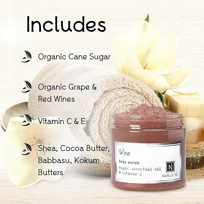Wine Body Scrub Made in USA with Essential Oil and Vitamin C by Nabila K - Exfoliate and Moisturize for Smooth Skin - Luxury for Women & Men, 3 oz