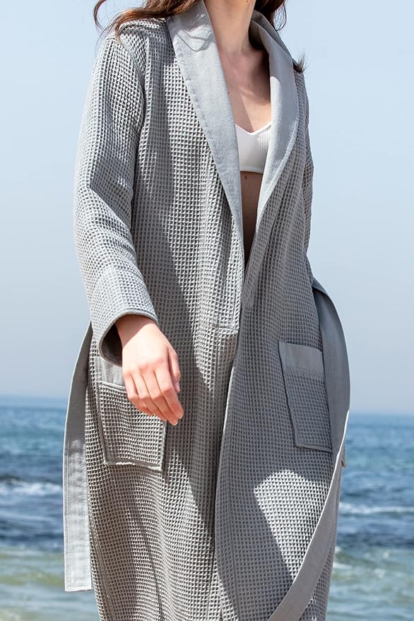 SEYANTE Women’s Luxury Waffle Shawl Collar, Hooded Robe w Piping – Lightweight, Long, Ultra Soft Spa Sleepwear Bathrobe