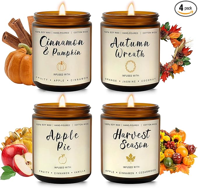 Fall Candles Gift Set β 4 Pack Scented Soy Candles for Home, Autumn Decor, Fall Decorations, Pumpkin Spice, Apple Pie, Cinnamon, Harvest β Great for Halloween & Thanksgiving Gifts