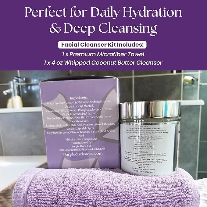 Purple Duck Facial Cleanser Kit – 4 Oz Whipped Coconut Butter Cleanser with Microfiber Towel - Hydrating & Nourishing Skin Care Set – Deep Cleansing & Hydrating Face Care Set for Women & Men