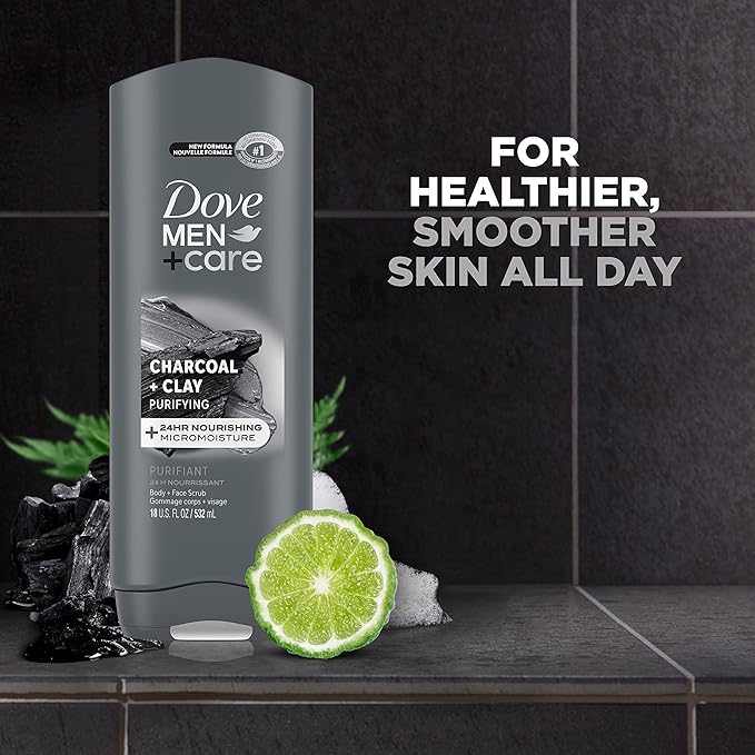 DOVE MEN + CARE Elements Body Wash Charcoal + Clay, Effectively Washes Away Bacteria While Nourishing Your Skin, Gray, 18 Fl Oz (Pack of 2)