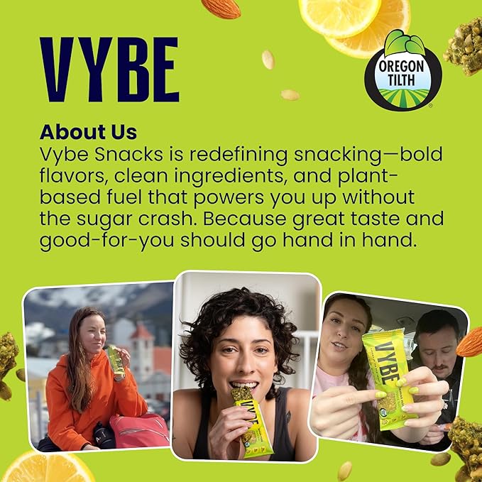 Vybe Snacks Savory Snack Bars – Lemon Mint Flavor | Crunchy & Delicious | Zero-Added Sugar, Gluten-Free, Plant-Based Goodness, Keto-Friendly, No Artificial Ingredients (Box of 12, 45g each)