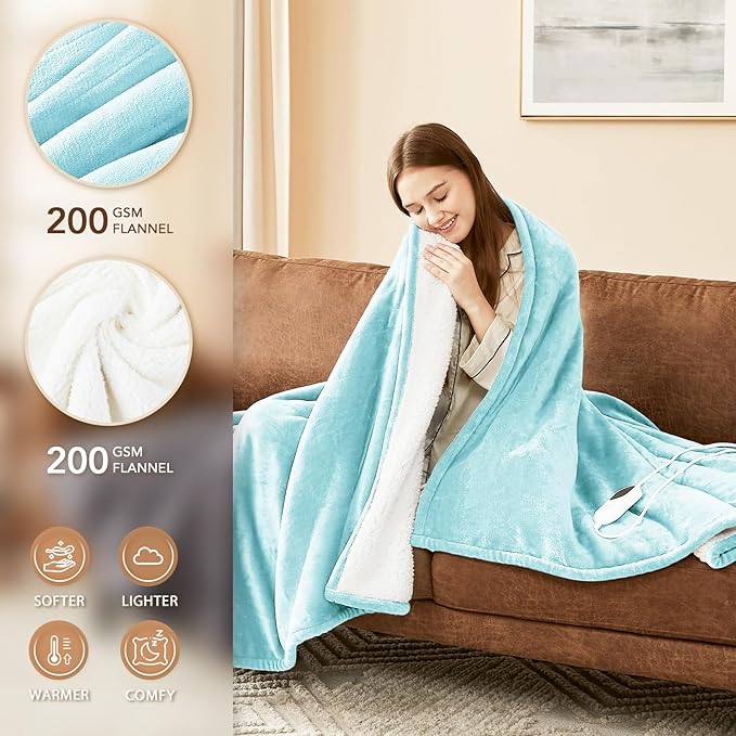 Homemate Electric Heated Blanket Full Size - 72"x84" Heating Blanket Full Size 1/2/4/6/8 Hours Auto-Off 10 Heat Level Over-Heat Protection Flannel Sherpa ETL Certification