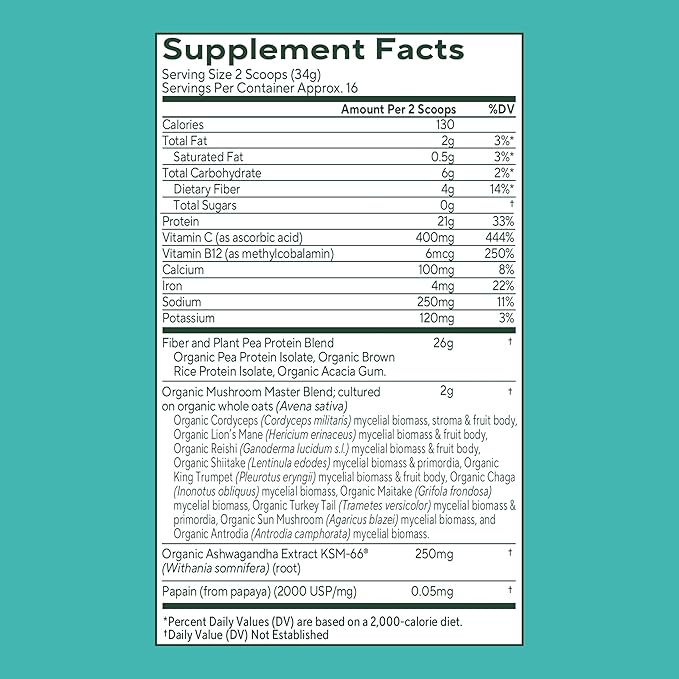 OM MUSHROOM SUPERFOOD Master Blend Mushroom Plant-Based Protein, 16 Servings Unsweetened Original, Unsweetened Plant-Based Protein with 10 Mushrooms & Adaptogens, GLP-1 Support