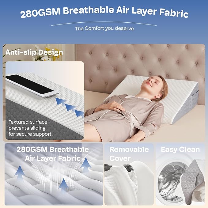 7.5" Bed Wedge Pillow for Sleeping Post-Surgery & Headboard Support - Acid Reflux, GERD, Heartburn & Snoring Relief - Memory Foam Back Support Pillow for Sitting, Resting, Reading
