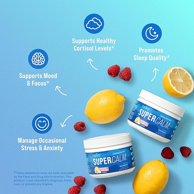 Nello Supercalm Drink Mix - Ashwagandha KSM 66, Magnesium Glycinate, L-Theanine, Vitamin D3 - Ashwagandha Root Extract, Magnesium & L-Theanine Supplement - Focus & Support (30 Servings)