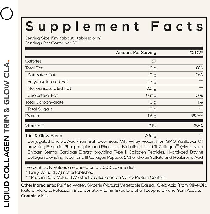 Codeage Liquid Collagen Supplement Vanilla Flavor, Beauty Trim & Glow Liposomal Collagen Peptides, CLA Conjugated Linoleic Acid, Hyaluronic Acid, Vitamin E, Hydrolyzed, Non-GMO, 15.22 fl oz