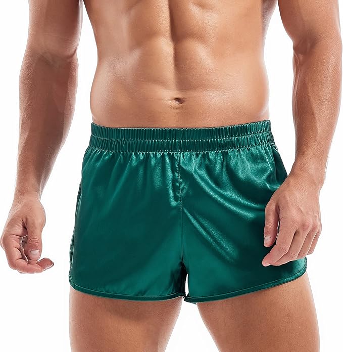 AMY COULEE Mens Satin Shorts Silk Boxers Sexy Split Side Lounge Shorts 3 Inch Pajama bottoms