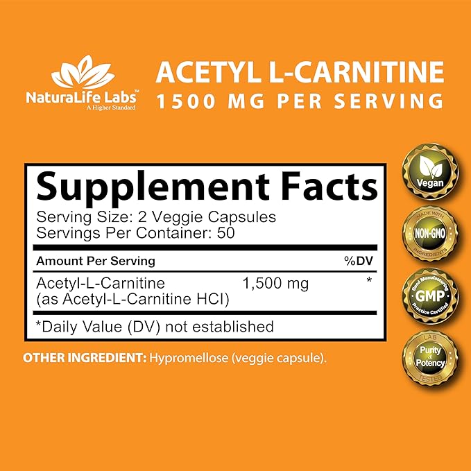 Acetyl L-Carnitine (ALCAR) 1500 mg per Serving – 100 Capsules – Non-GMO, Gluten-Free, Vegan