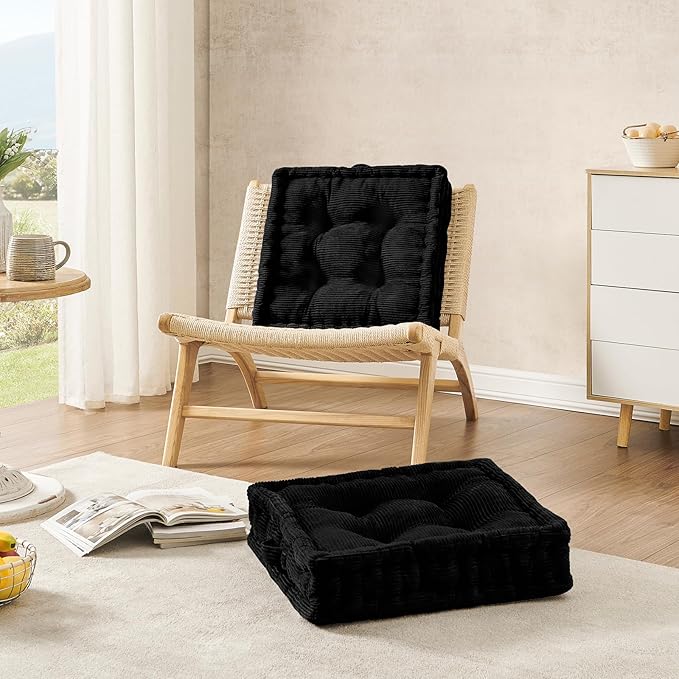 Square Floor Pillows for Adults Kids - Meditation Floor Pillow Seating Cushion - Tufted Floor Cushion with Shredded Foam & Velvet Cover, 1 Pack, 20x20 Inch, Black
