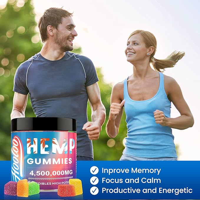 HOOLOO Hemp Gummies for Deep Bedtimes, Unwind, Focus - 6 Fruity Flavors Big Cubes Gummy Infused Vitamins Omega 3 - Extra Stength 4,500,000mg for Adults - Made in USA