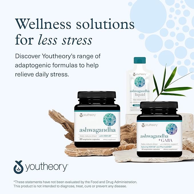 Youtheory Ashwagandha - 1,000 mg - Energy, Sleep, Stress & Cortisol Support Supplement - Adaptogenic Herbal Blend with Organic KSM-66 Ashwagandha & Ginger - 60 Vegetarian Capsules (30-Day Supply)