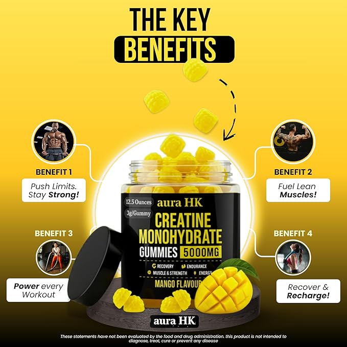 Creatine Monohydrate Gummies 5000mg 120 Count Sugar Free for Men & Women - Mango Flavor Vegan Creatine Supplement for Muscle Strength, Energy, Endurance & Workout Gummies