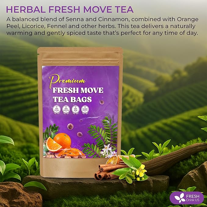 FreshDrinkUS, Fresh Move Tea β 40 Tea Bags - Herbal Tea Blend with Senna Leaves, Cinnamon, Orange Peel, Ginger & More β Caffeine-Free, Natural Ingredients β Smooth Flavor for Everyday Enjoyment