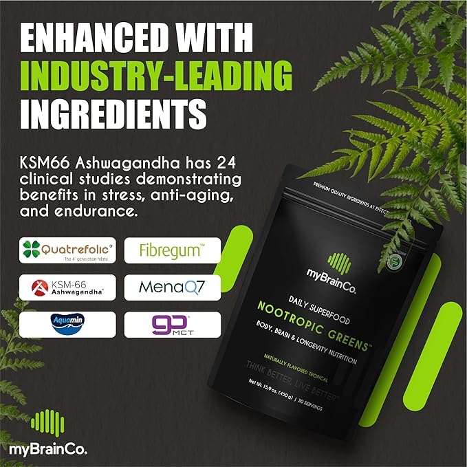 myBrainCo. Nootropic Greens - Premium All-in-One Body, Brain & Longevity Optimization Nutrition. Organic Greens & Superfoods, Alpha-GPC, L-Theanine, Lionβs Mane, TMG, NR, NAC & More. (7.94 oz)