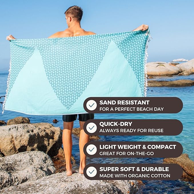 FESHKA Sand Proof Turkish Beach Towel – Oversized, Quick Dry & Lightweight Travel Towel - 100% Organic Cotton Beach Blanket - Perfect for Bath, Pool & Picnic | Big Fish (Teal/Turquoise)