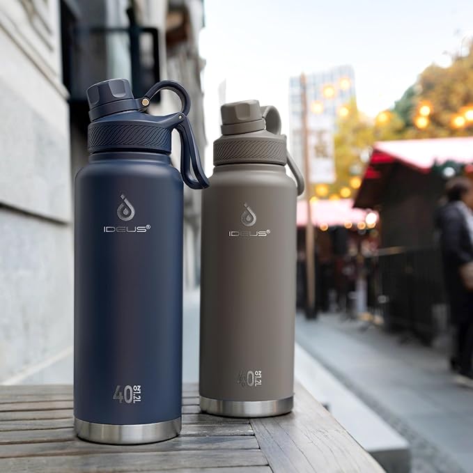 IDEUS Insulated Stainless Steel Water Bottle with 2 Leak-Proof Lids, Thermal Water Flask for Hiking Biking, 40oz, Navy Blue