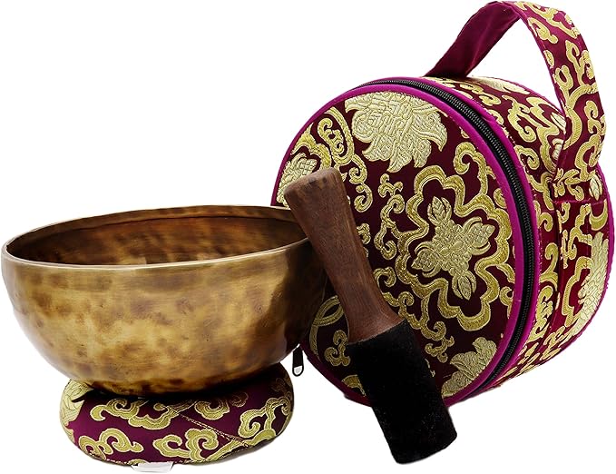 KHUSI Tibetan Singing Bowl 8 Inch Large Hand Hammered Chakra Bowl 7 Metal Meditation Bowl for Cleansing, Chakra Balancing, Mindfulness, Yoga, Decor, Gift Set