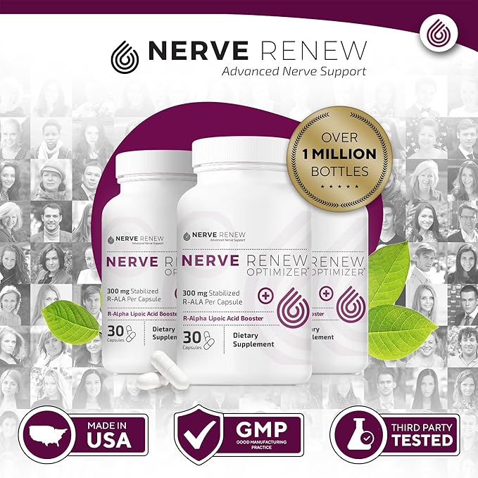 NERVE RENEW Optimizer, 3 Pack (90 Capsules) - 300 mg Stabilized R-Alpha Lipoic Acid per Capsule for Natural Nerve Discomfort Support - Fast Absorption - Safe and All Natural