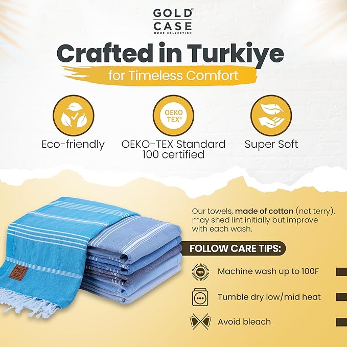 Gold CASE LYCIA Turkish Beach Towel Set of 6 – 100% Cotton Turkish Beach Towels Bulk 70 x 38'' – LYCIA Oversized, Quick Dry & Sand Free Beach Towel – Lightweight Towels Set in Tones of Blue