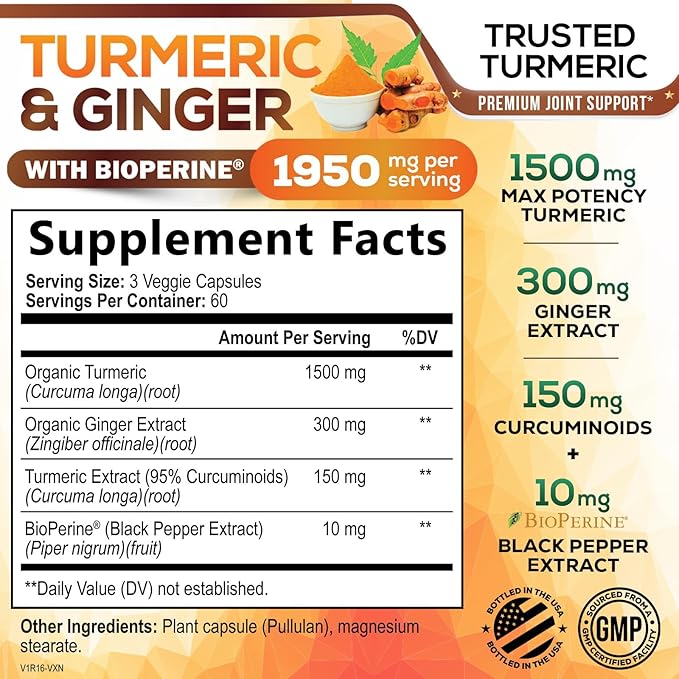 Turmeric Curcumin Supplement 1950mg - 95% Curcuminoids with Organic Turmeric & Ginger, BioPerine Black Pepper for Best Absorption, Nature's Vegan Joint Support, Non-GMO, Bottled in USA - 180 Capsules