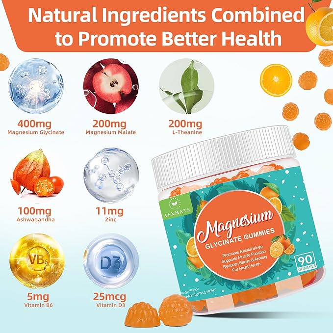 Magnesium Glycinate Gummies 400 mg - Sugar Free Magnesium Supplement for Adults with Glycinate & Malate, L-Theanine, Ashwagandha, Zinc, Vitamin B6 & D3, Supports Relaxation & Sleep Orange Flavor