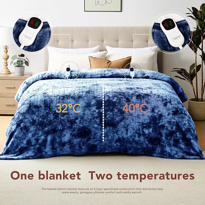 Homemate Electric Heated Blanket Queen Size - 84"x90" Heating Blanket Queen Size Dual Control 1/2/4/6/8 Hours Auto-Off 10 Heat Level Over-Heat Protection Luxury Faux Fur Sherpa ETL Certification