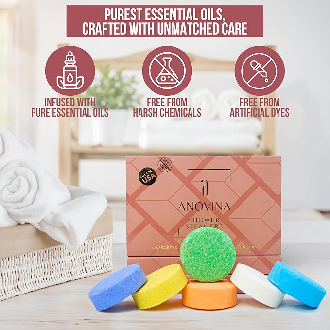 Anovina Shower Steamers Aromatherapy Gift Box Made in USA Self Care Gifts for Women and Men - All Natural Shower Bombs - Shower Tablets Made with Essential Oils