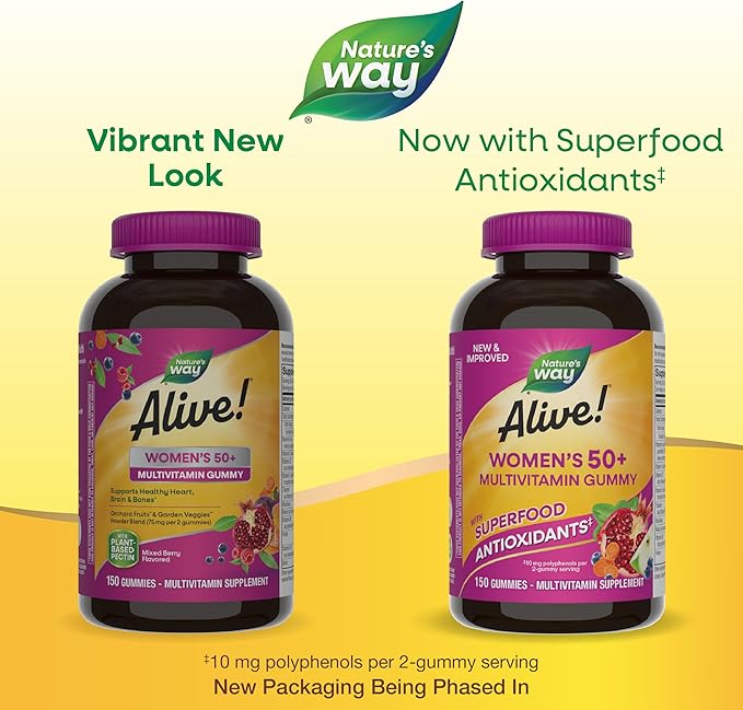 Nature's Way Alive! Women's 50+ Daily Gummy Multivitamins, Women's Supplements, Supports Healthy Heart, Brain & Bones,* B-Vitamins, Mixed Berry Flavored, 150 Gummies (Packaging May Vary)