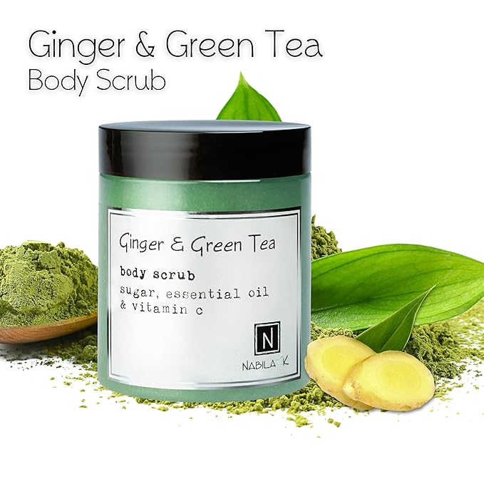 Ginger & Green Tea Body Scrub Made in USA with Essential Oil and Vitamin C by Nabila K - Exfoliate and Moisturize for Smooth Skin - Luxury for Women & Men, 10 oz