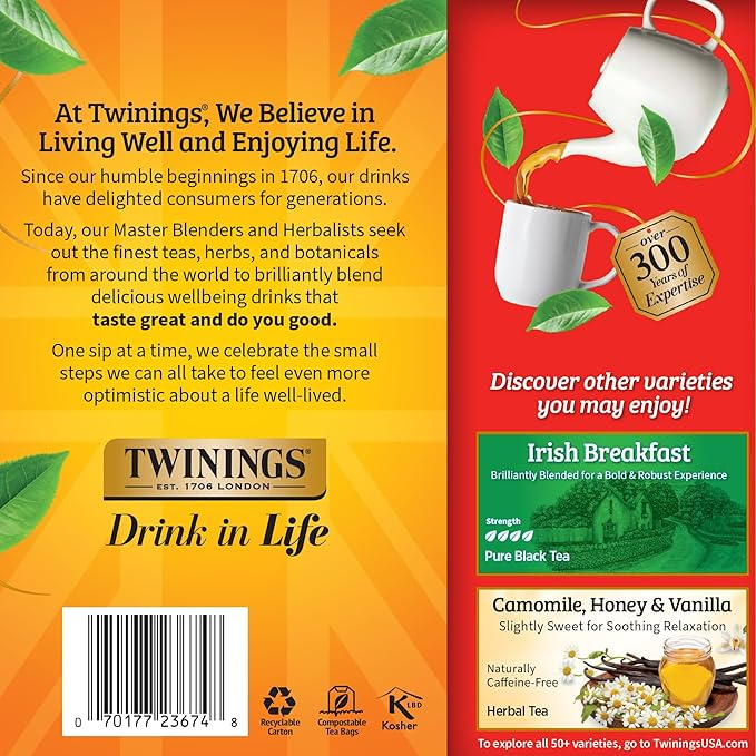 Twinings English Breakfast Black Tea Individually Wrapped Bags, 100 Count (Pack of 1), Smooth, Flavourful, and Robust, Caffeinated, Enjoy Hot or Iced, 100 Teabags