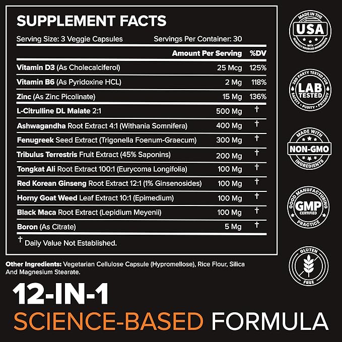 Peak Potential 12-in-1 Testosterone Support for Men – Natural Strength, Energy & Muscle Builder with Tongkat Ali, Ashwagandha & Fenugreek – 90 Capsules