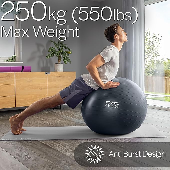 Core Balance Exercise Ball for Workouts, Anti-Burst and Slip Resistant, Swiss Yoga Ball for Pregnancy, Stability, Fitness and Physical Therapy, 4 Sizes, with Pump